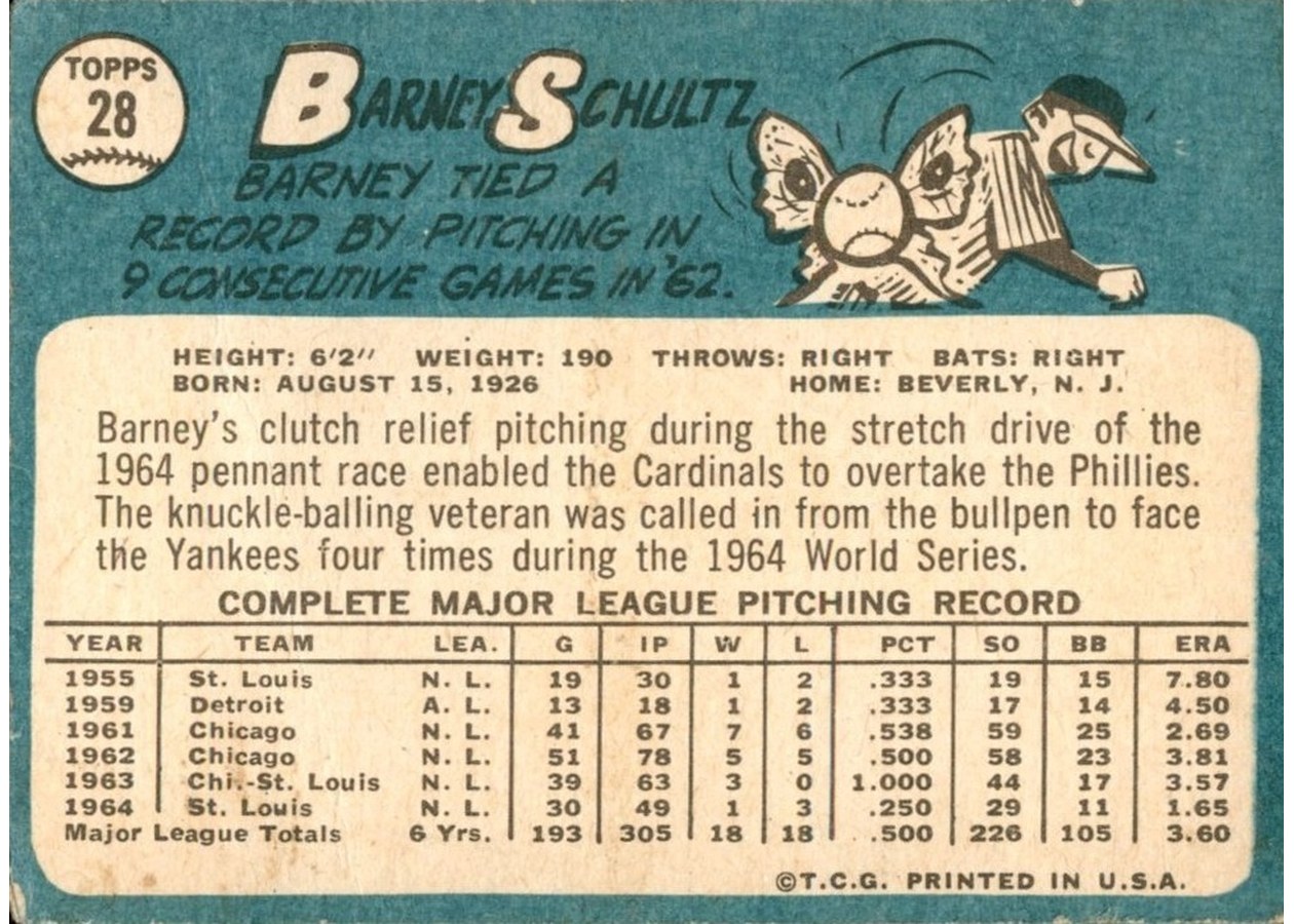 1965 Topps #28 Barney Schultz card back