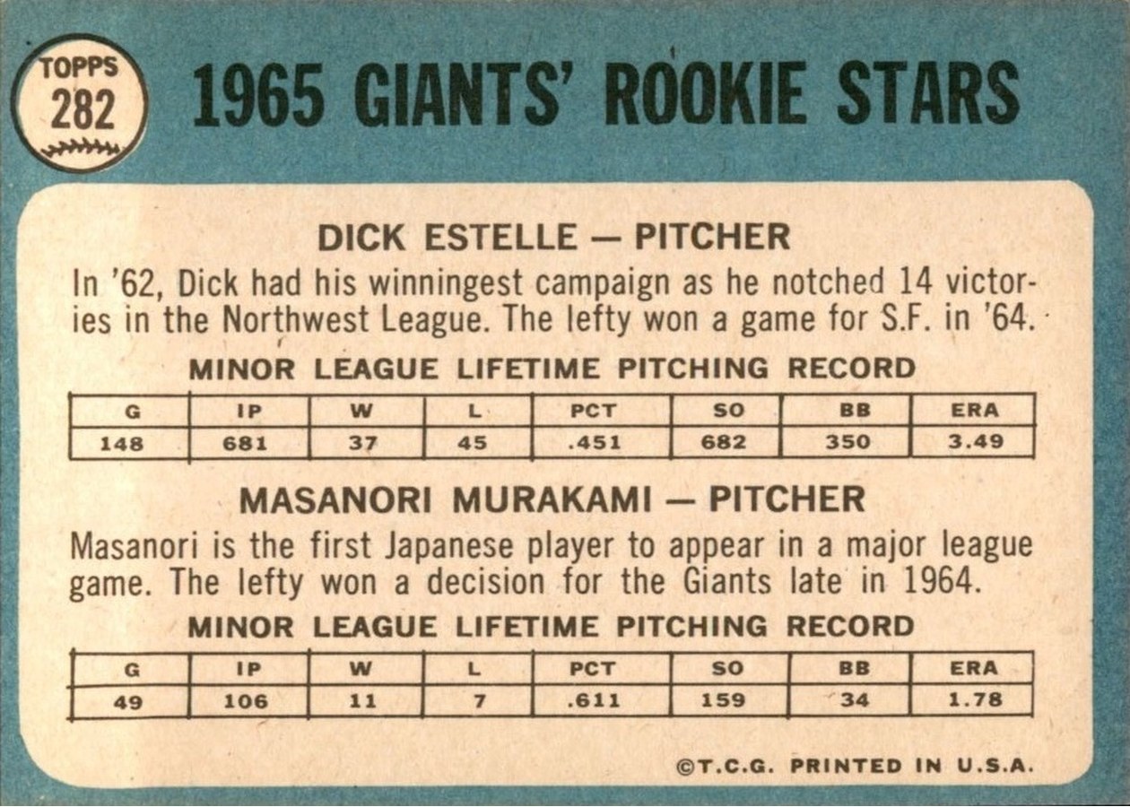 1965 Topps #282 Giants 1965 Rookie Stars card back