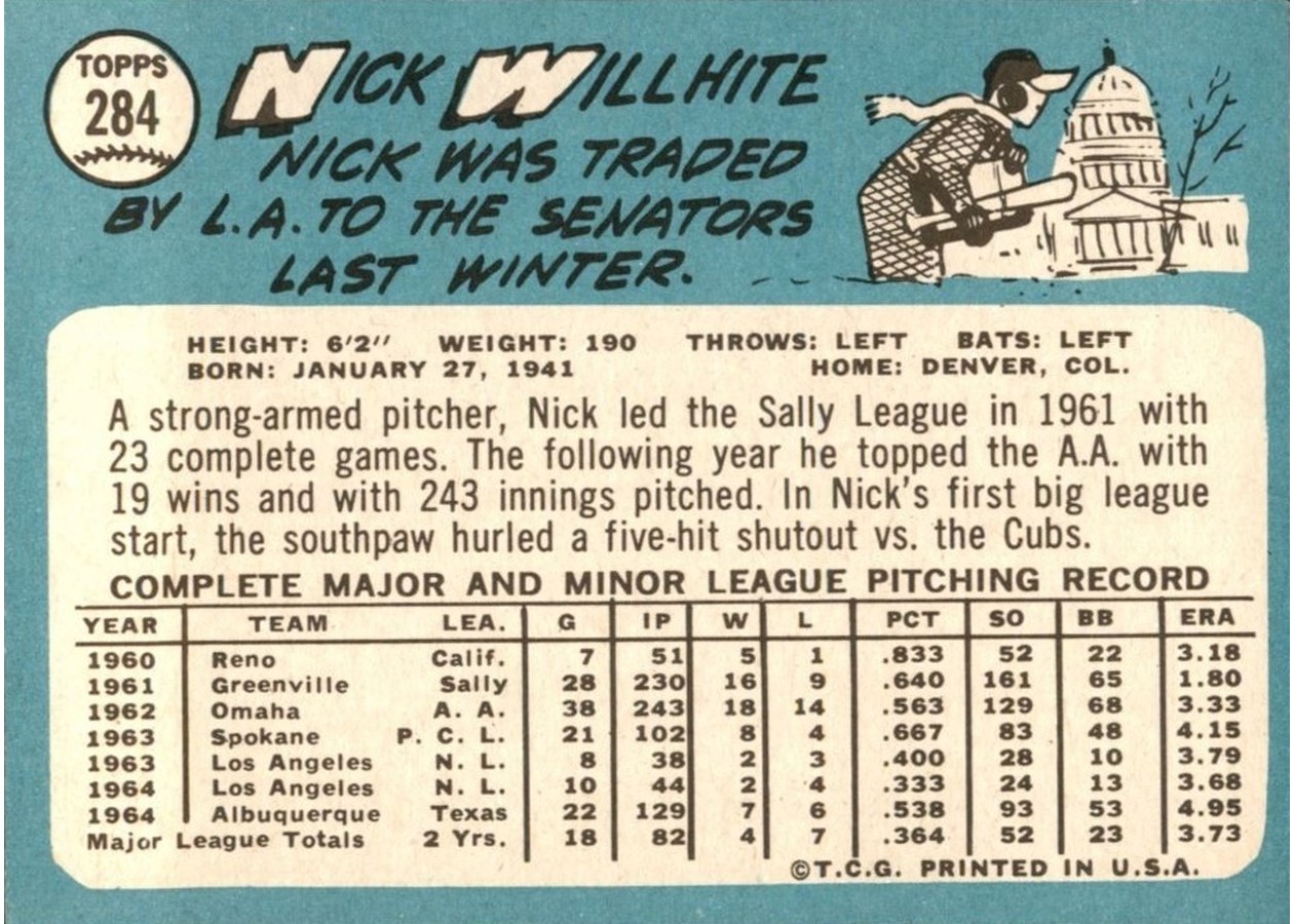 1965 Topps #284 Nick Willhite card back