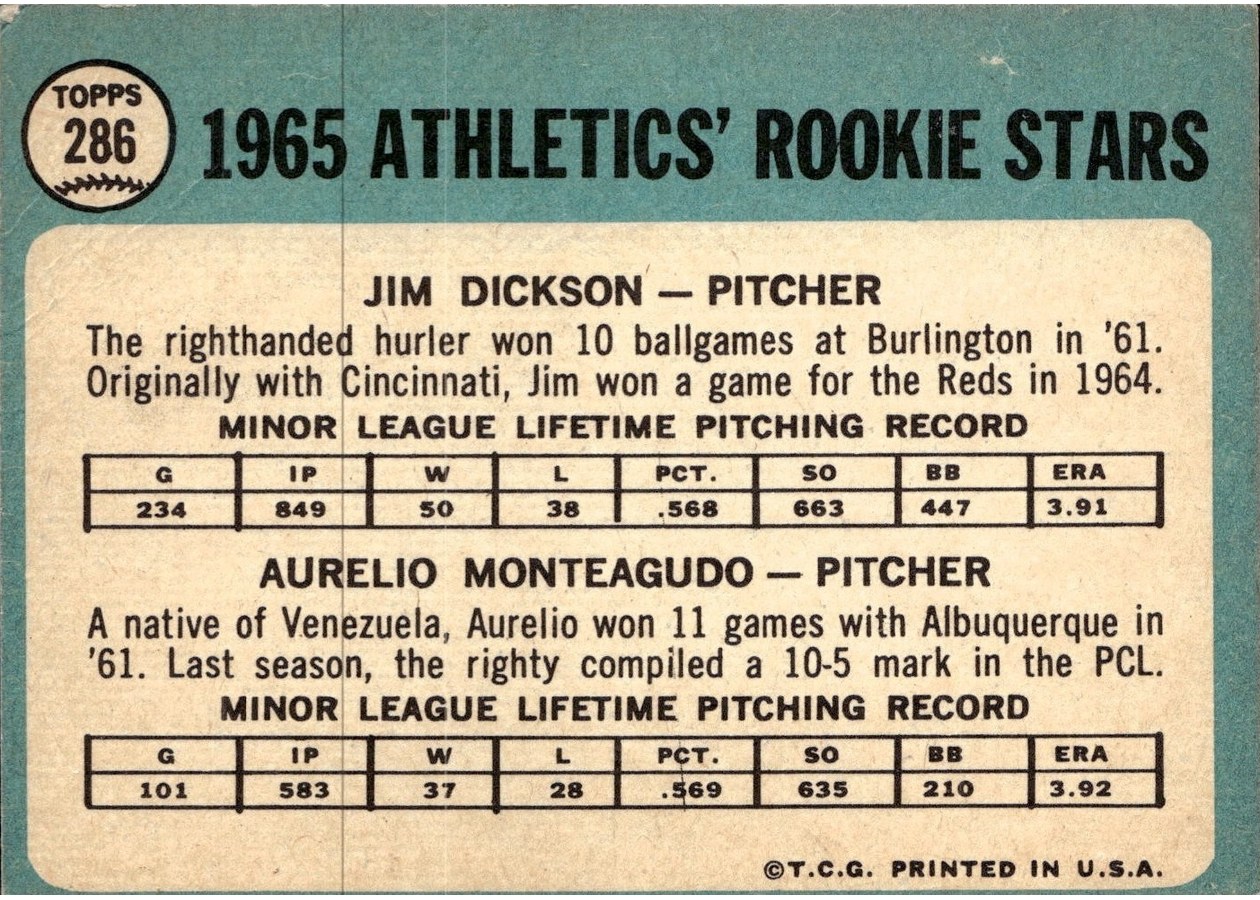 1965 Topps #286 Athletics 1965 Rookie Stars card back