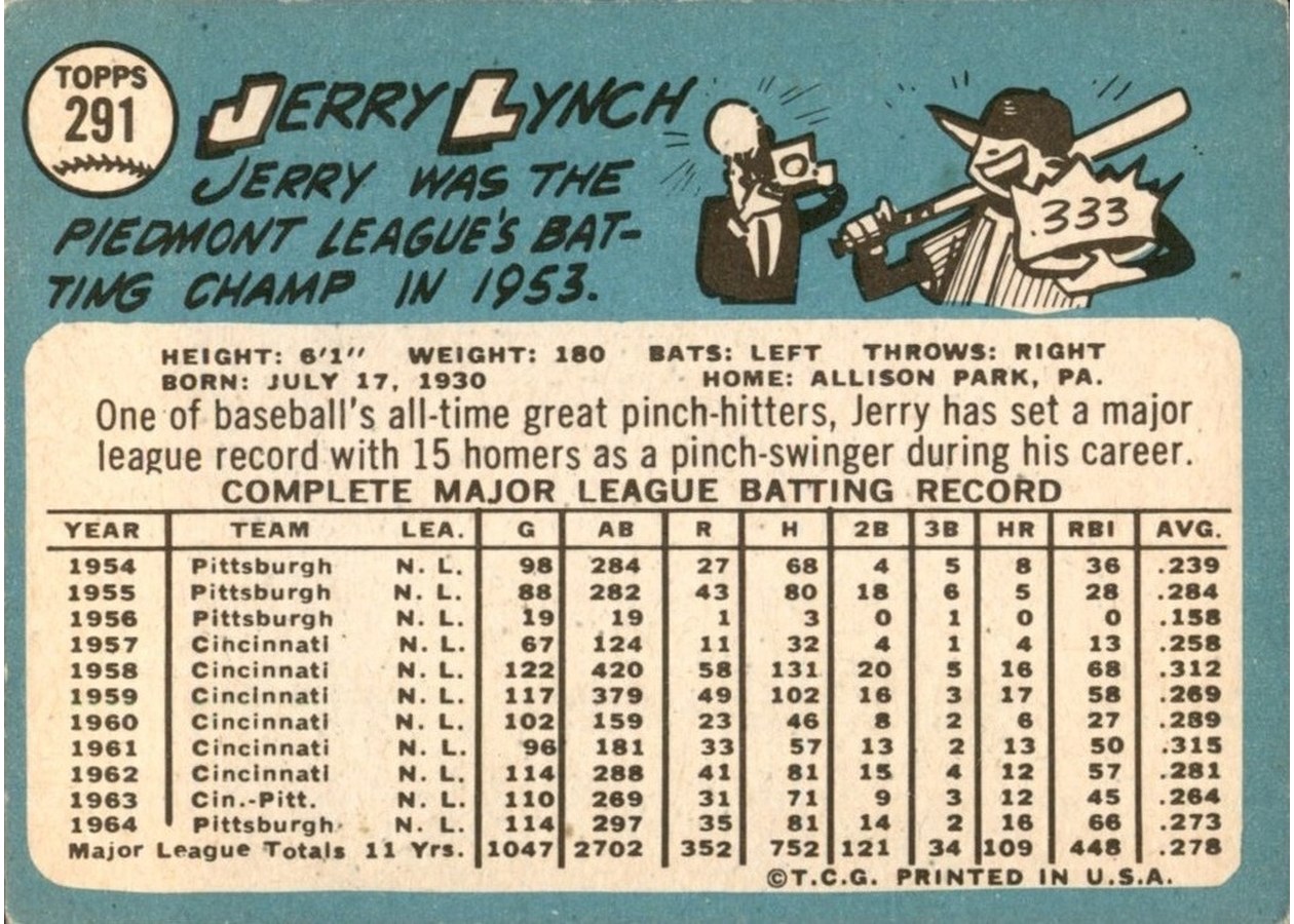 1965 Topps #291 Jerry Lynch card back