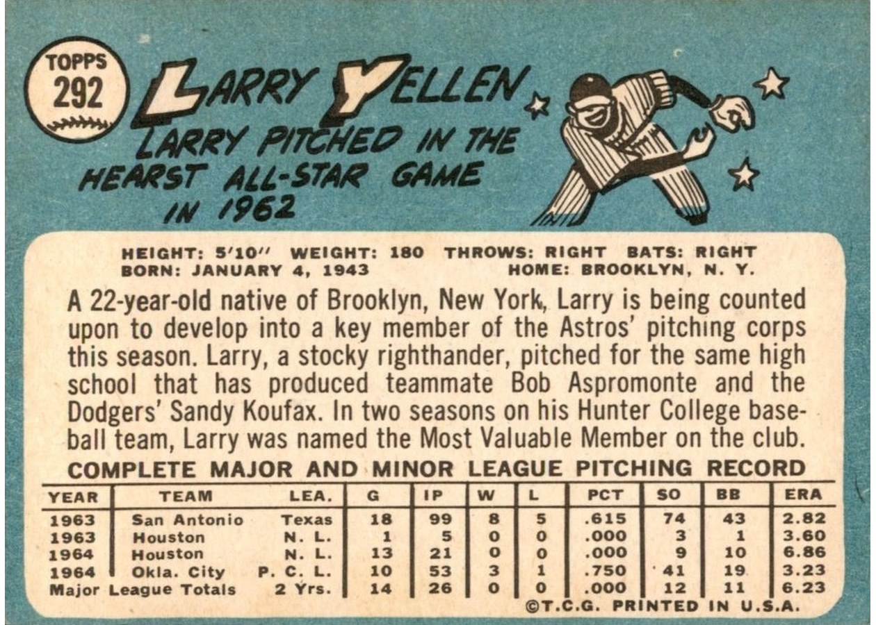 1965 Topps #292 Larry Yellen card back