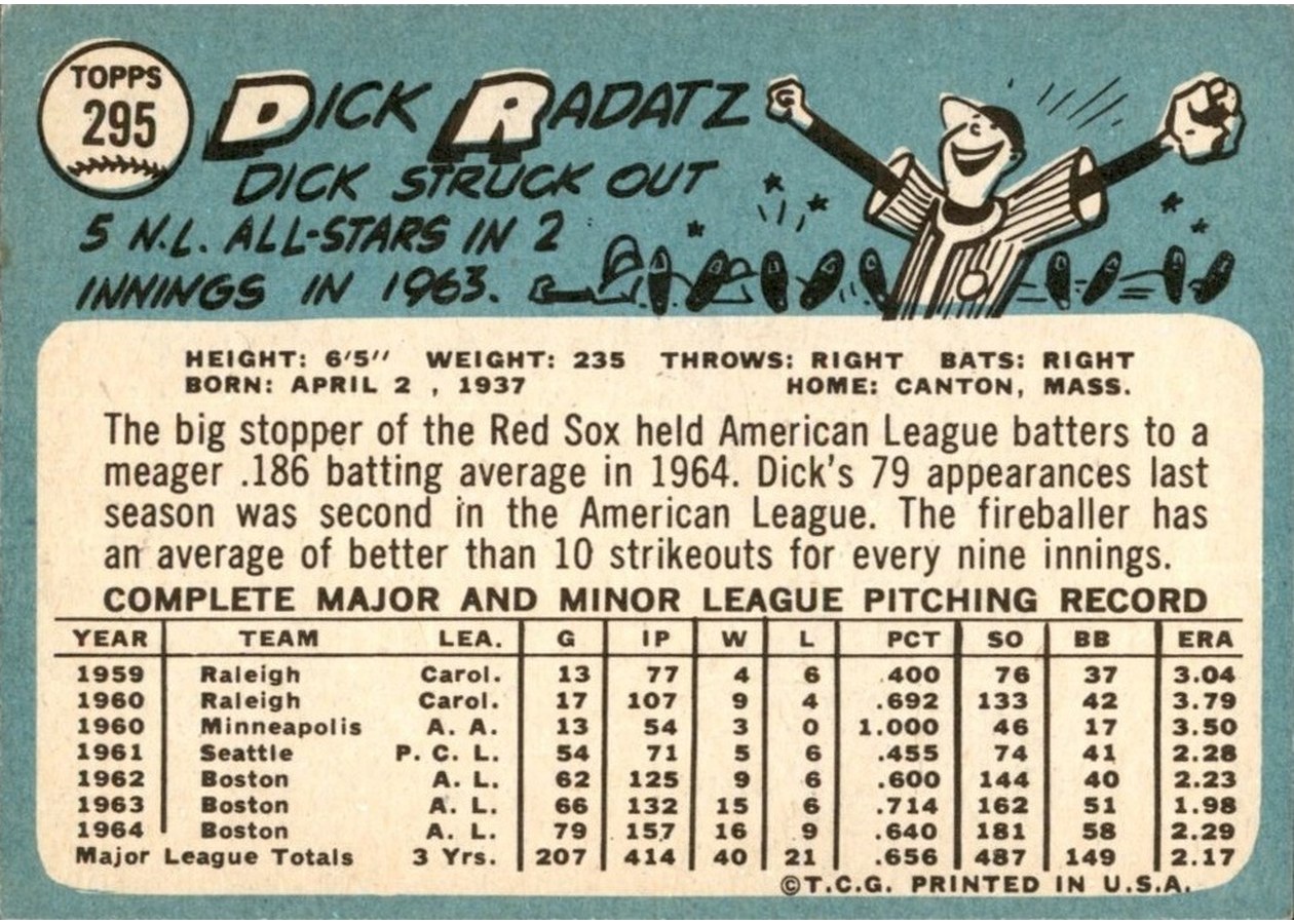 1965 Topps #295 Dick Radatz card back
