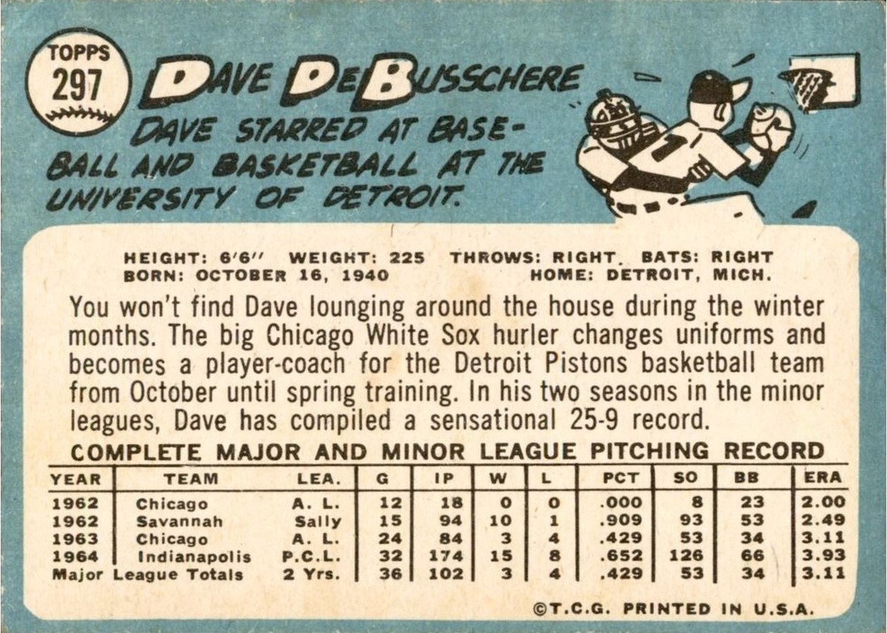 1965 Topps #297 Dave DeBusschere card back