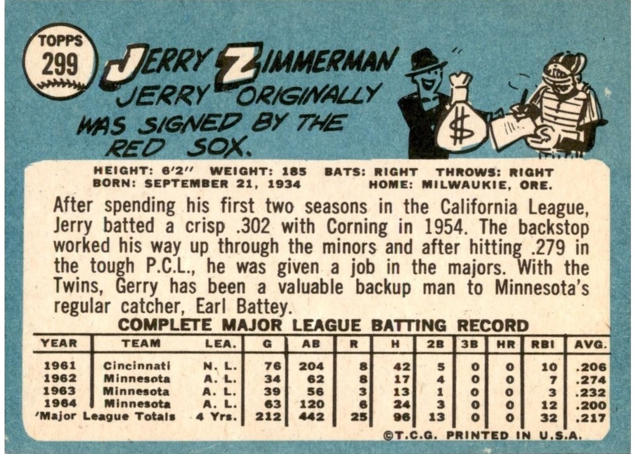 1965 Topps #299 Jerry Zimmerman card back
