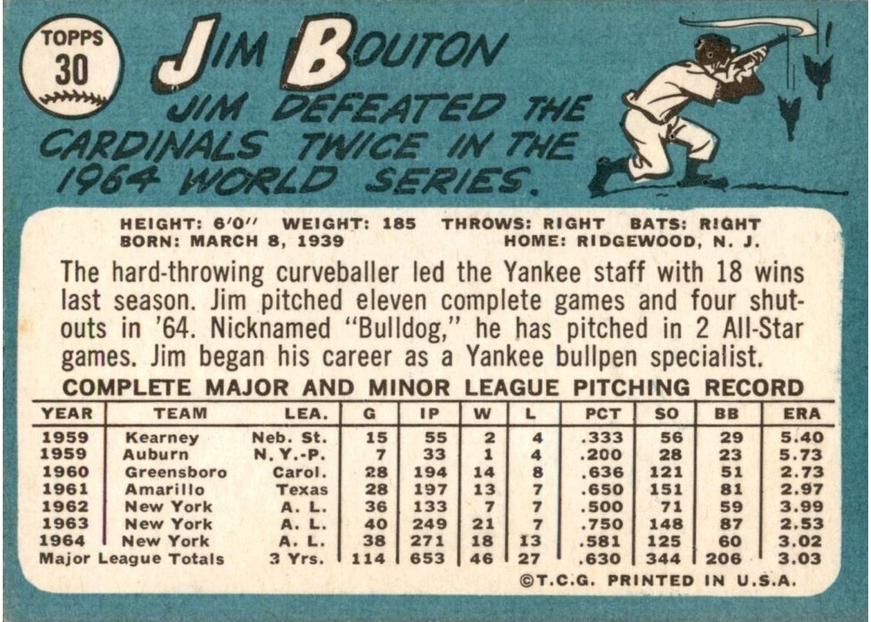 1965 Topps #30 Jim Bouton card back