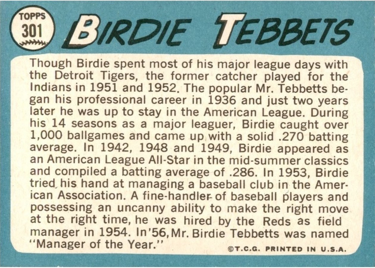 1965 Topps #301 Birdie Tebbetts card back
