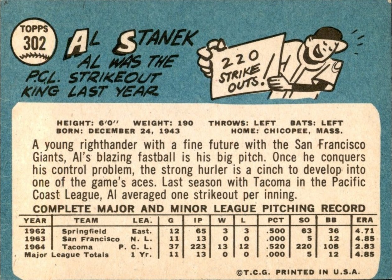 1965 Topps #302 Al Stanek card back