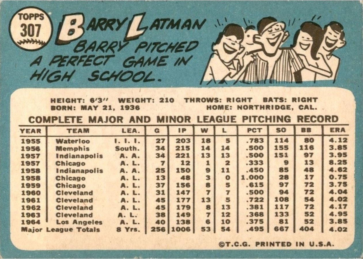 1965 Topps #307 Barry Latman card back
