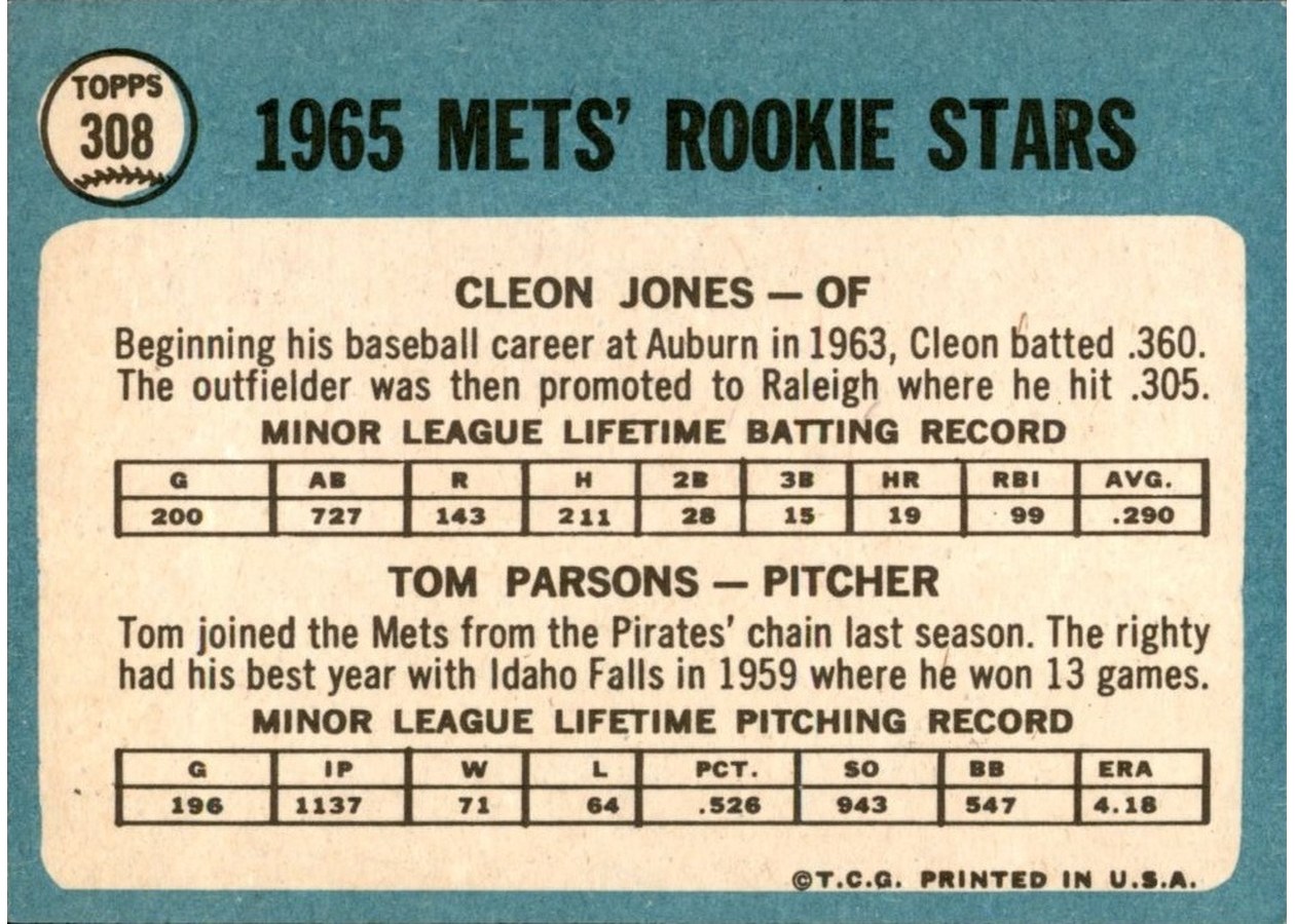 1965 Topps #308 Mets 1965 Rookie Stars card back