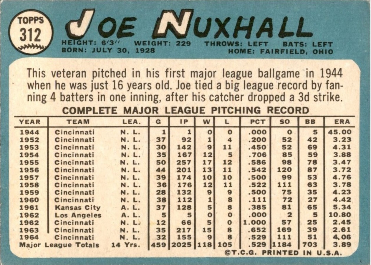 1965 Topps #312 Joe Nuxhall card back