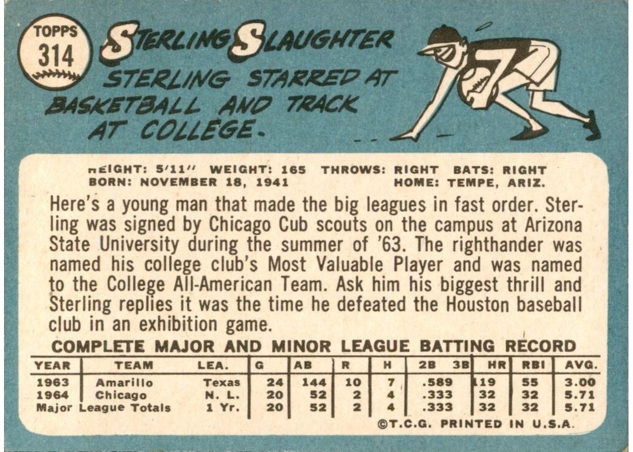 1965 Topps #314 Sterling Slaughter card back