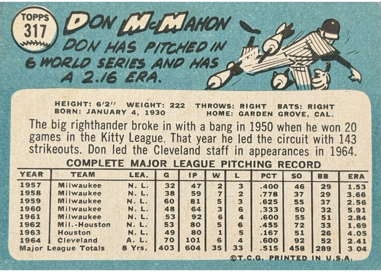 1965 Topps #317 Don McMahon card back