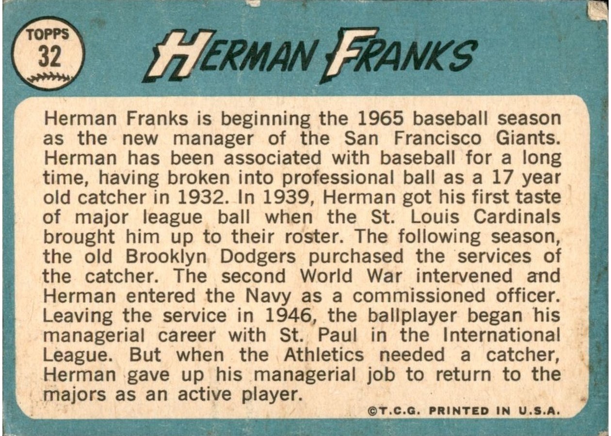1965 Topps #32 Herman Franks card back
