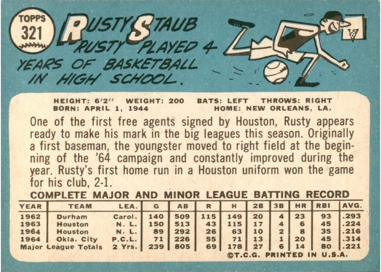 1965 Topps #321 Rusty Staub card back