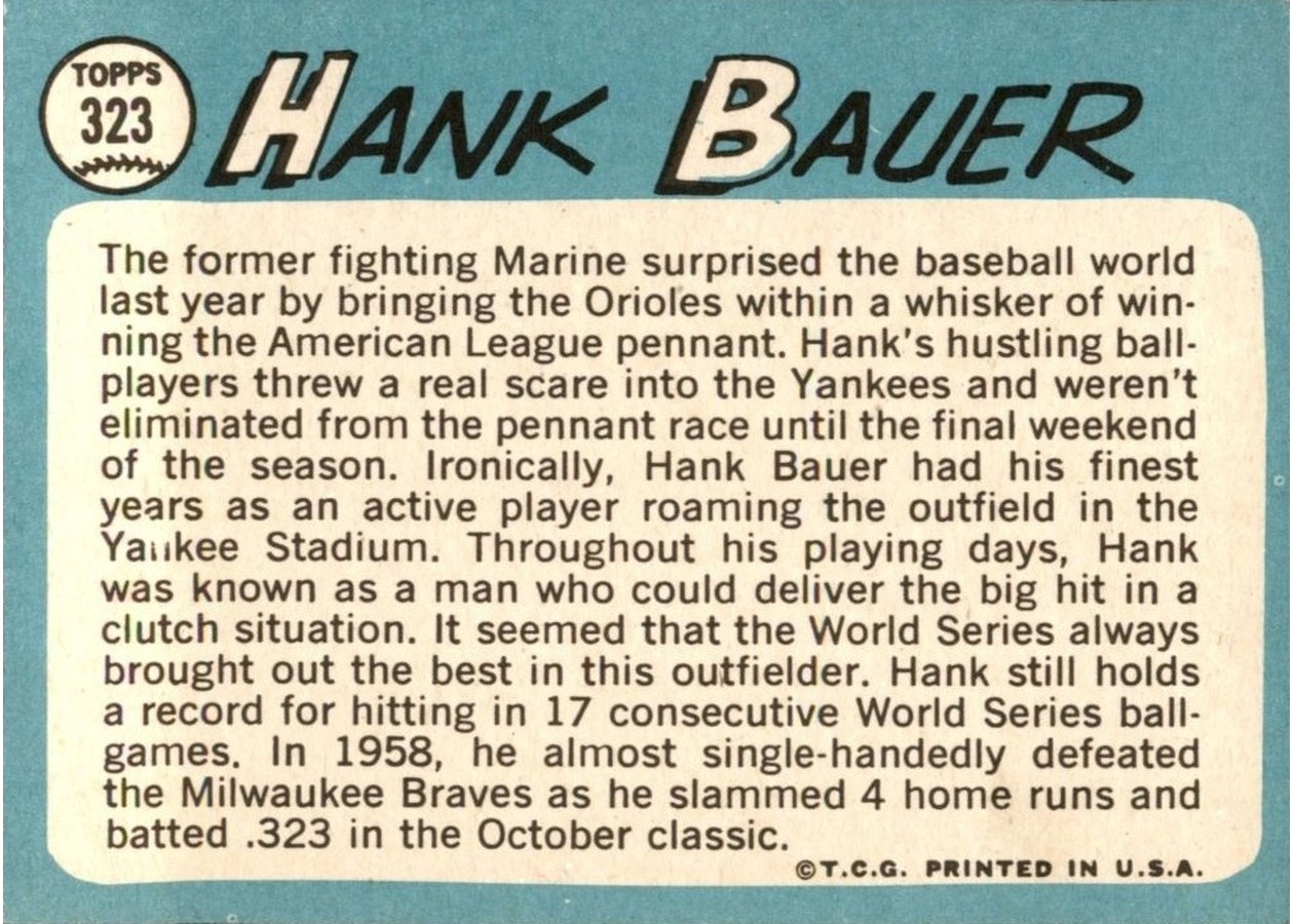 1965 Topps #323 Hank Bauer card back