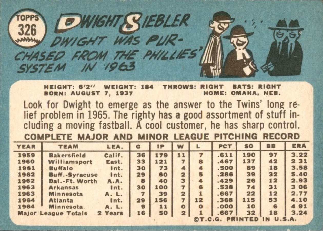 1965 Topps #326 Dwight Siebler card back