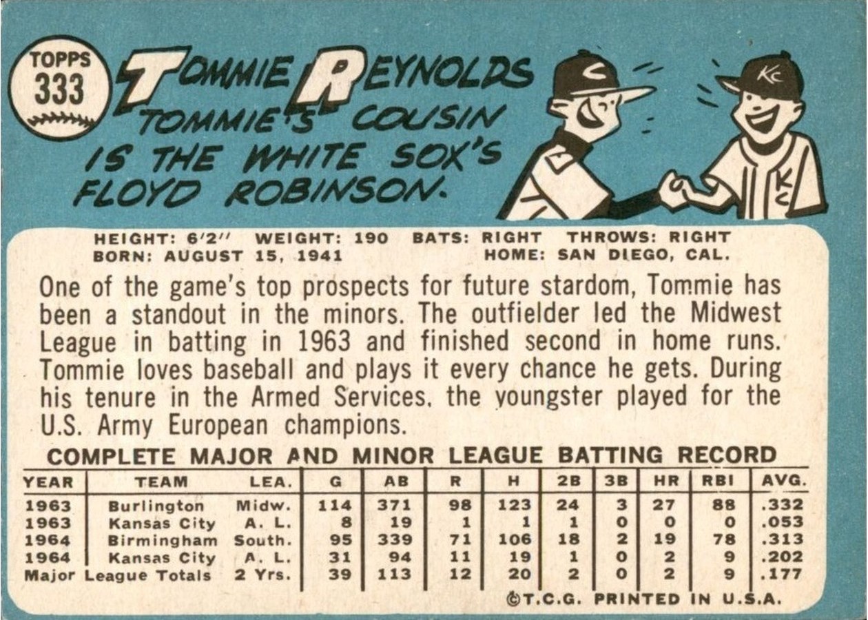 1965 Topps #333 Tommie Reynolds card back