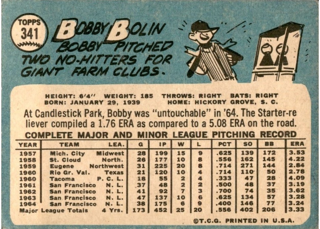 1965 Topps #341 Bobby Bolin card back
