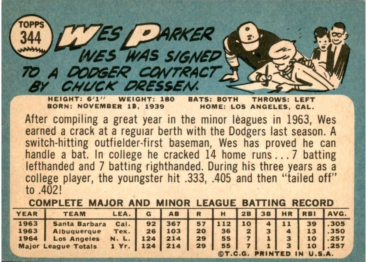 1965 Topps #344 Wes Parker card back