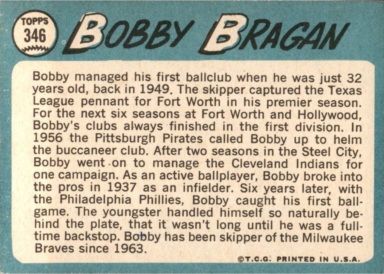 1965 Topps #346 Bobby Bragan card back
