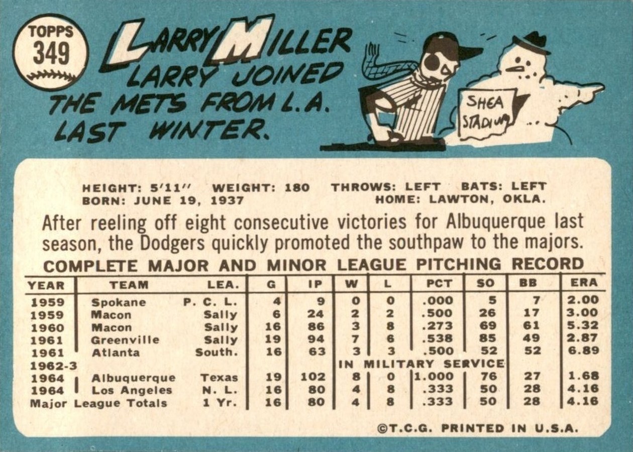 1965 Topps #349 Larry Miller card back