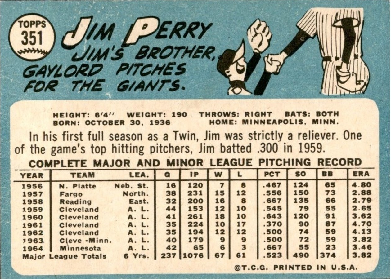 1965 Topps #351 Jim Perry card back