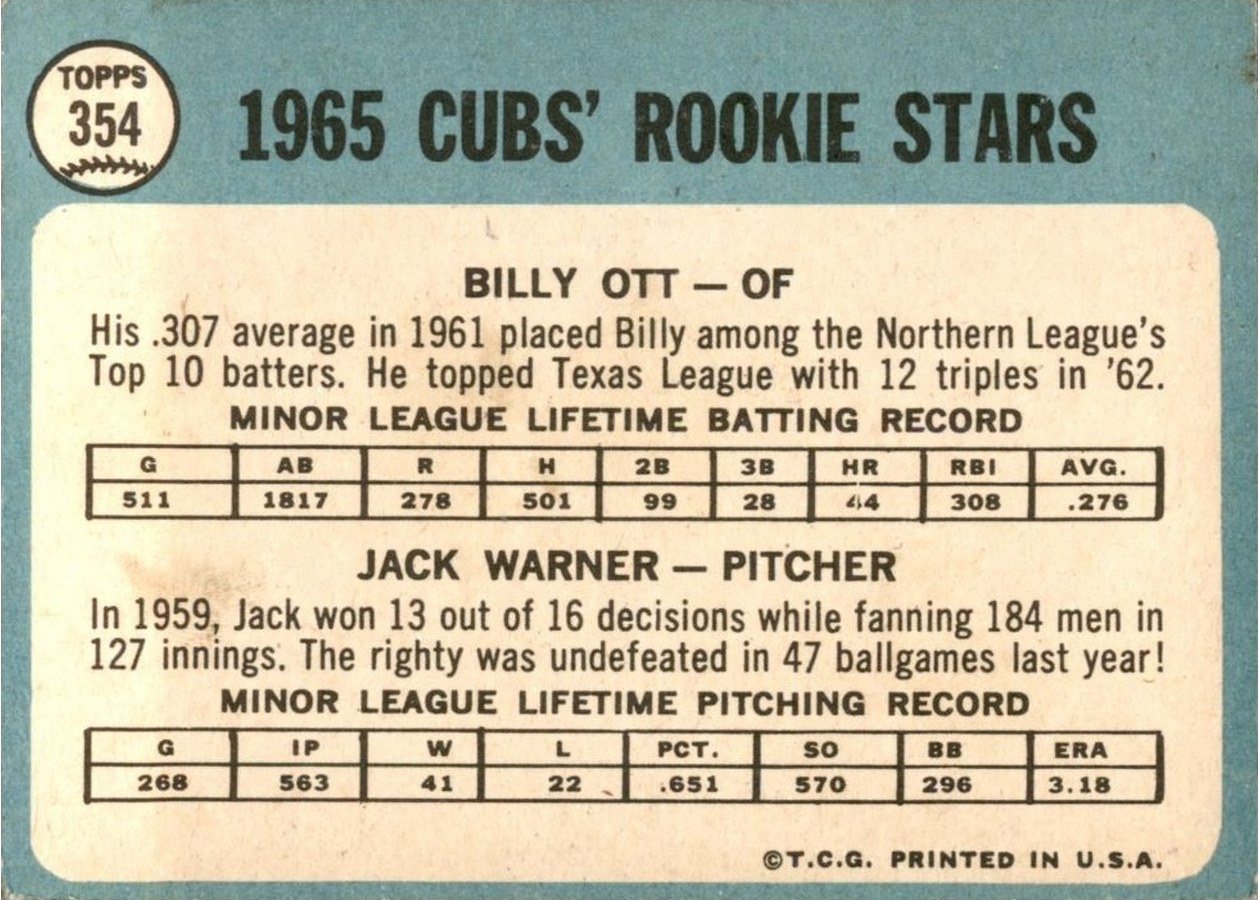 1965 Topps #354 Cubs 1965 Rookie Stars card back