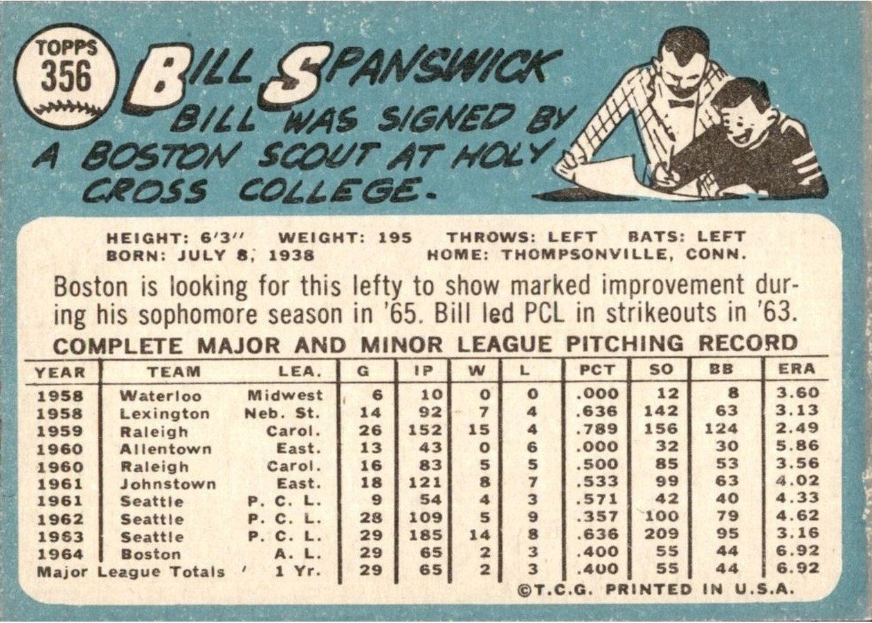 1965 Topps #356 Bill Spanswick card back