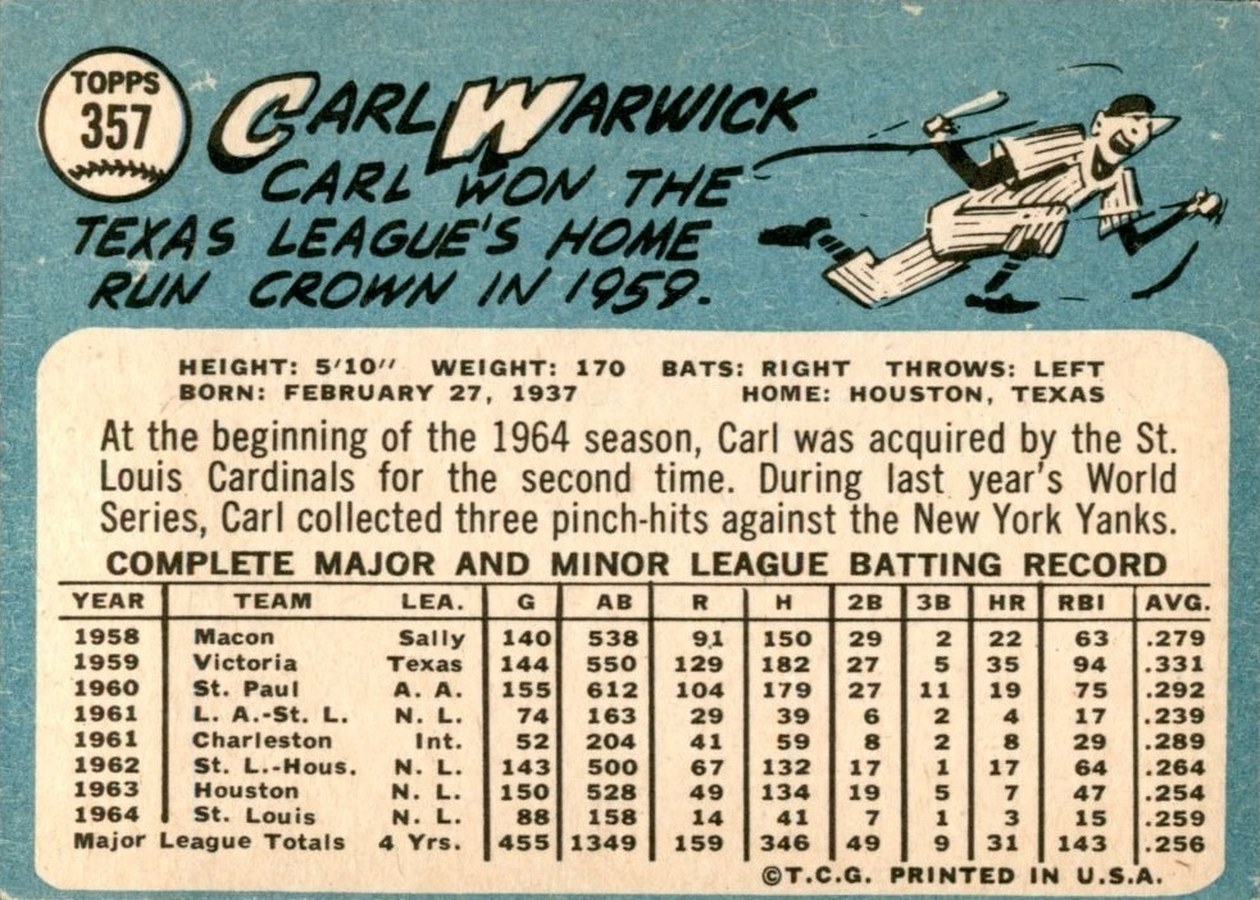 1965 Topps #357 Carl Warwick card back