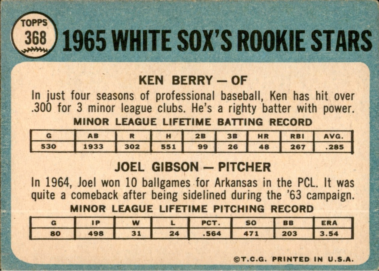 1965 Topps #368 White Sox 1965 Rookie Stars card back