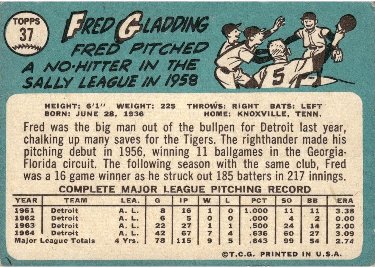 1965 Topps #37 Fred Gladding card back