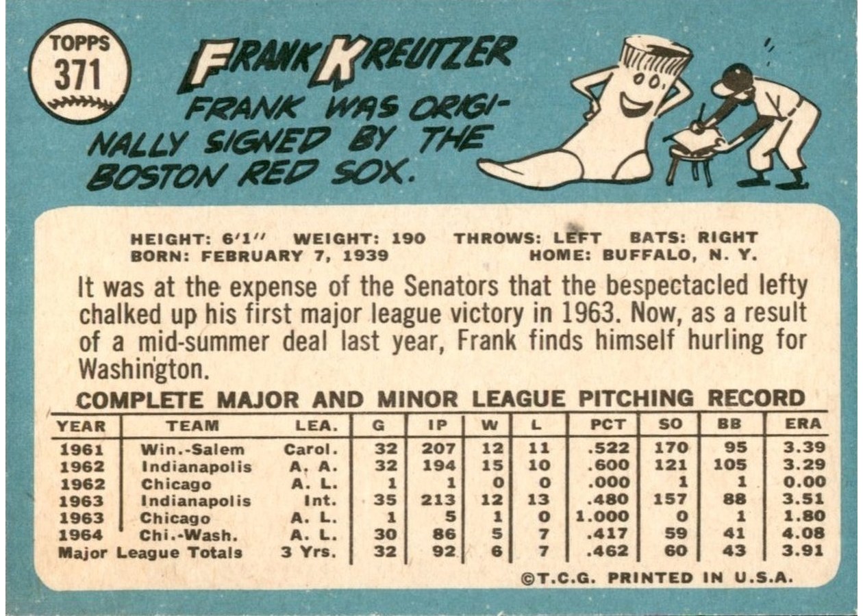 1965 Topps #371 Frank Kreutzer card back