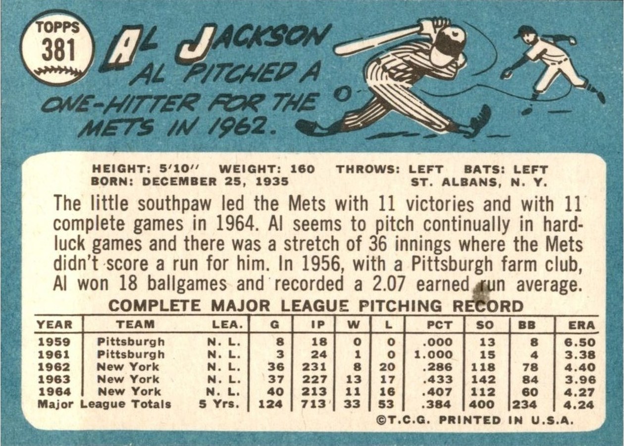 1965 Topps #381 Al Jackson card back