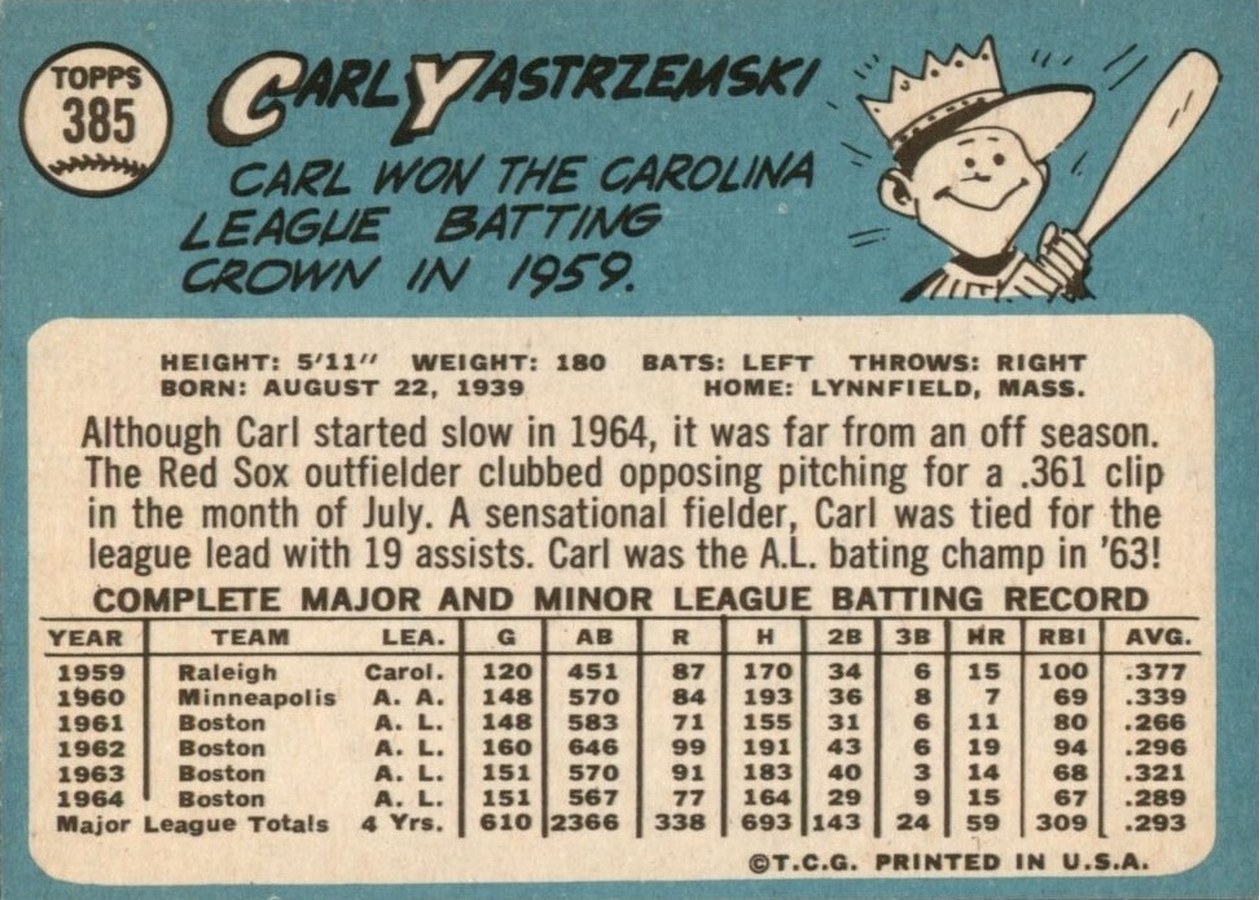 1965 Topps #385 Carl Yastrzemski card back