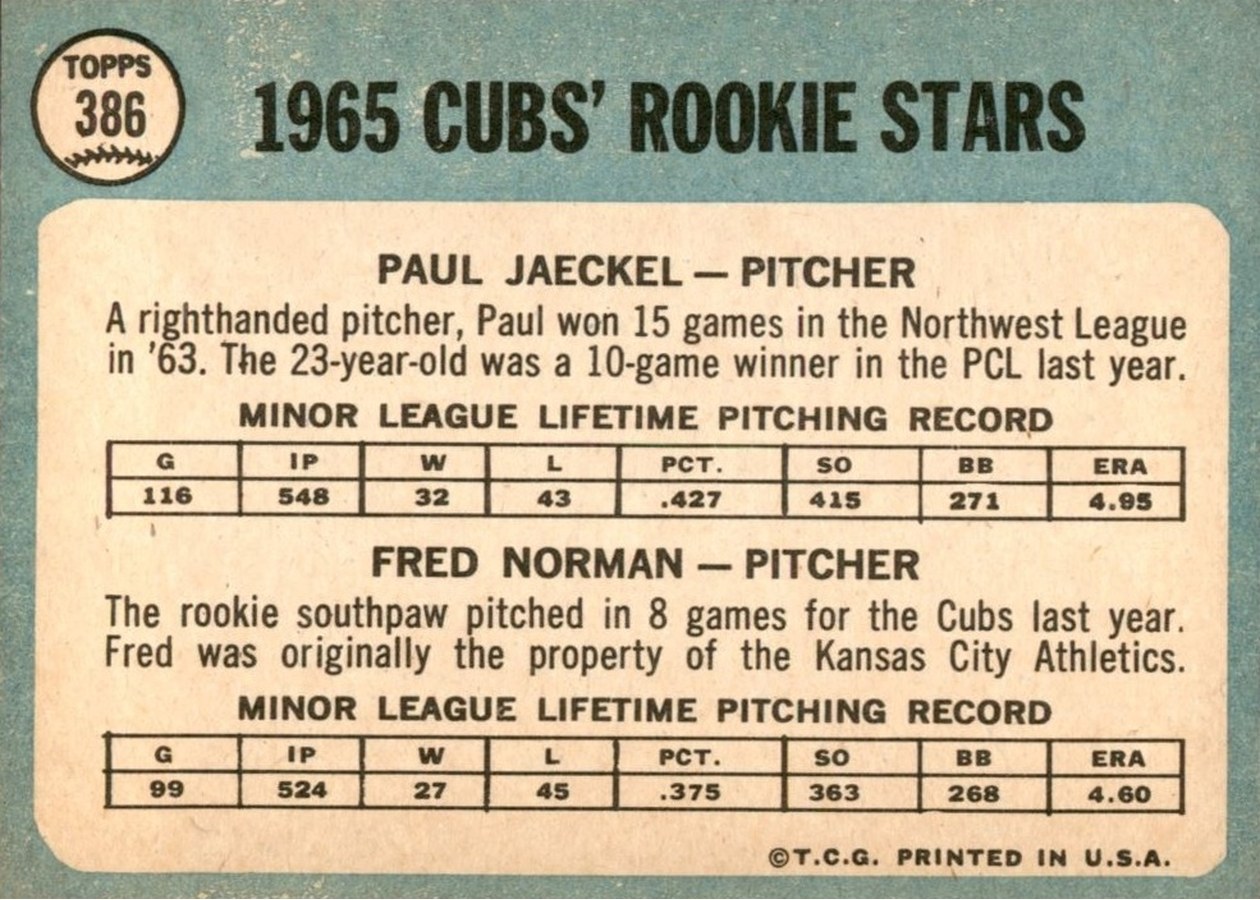 1965 Topps #386 Cubs 1965 Rookie Stars card back