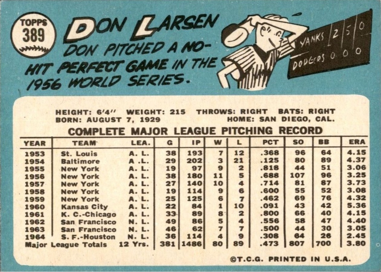 1965 Topps #389 Don Larsen card back