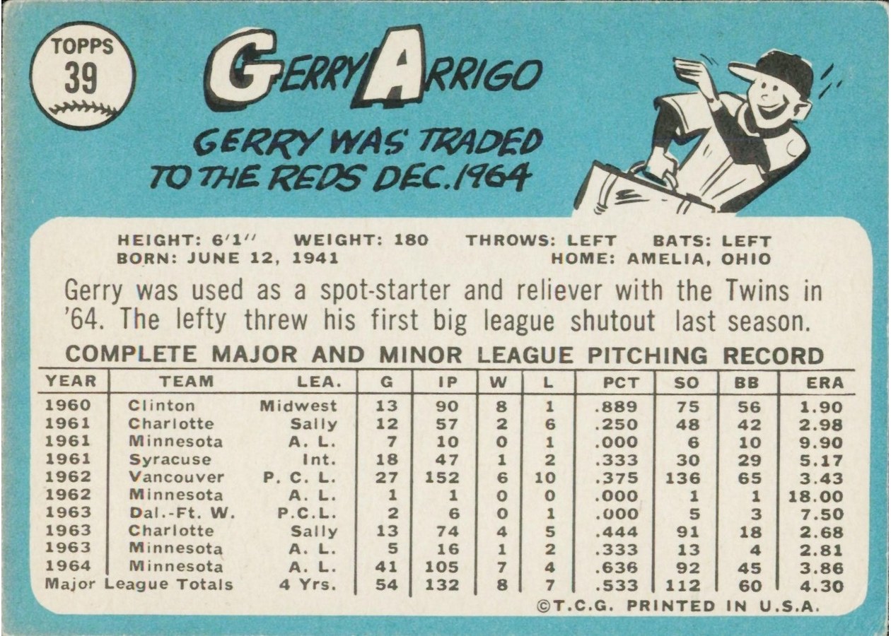 1965 Topps #39 Gerry Arrigo card back