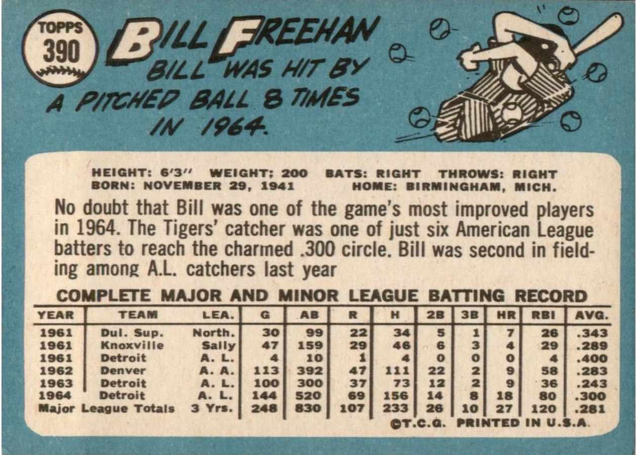 1965 Topps #390 Bill Freehan card back