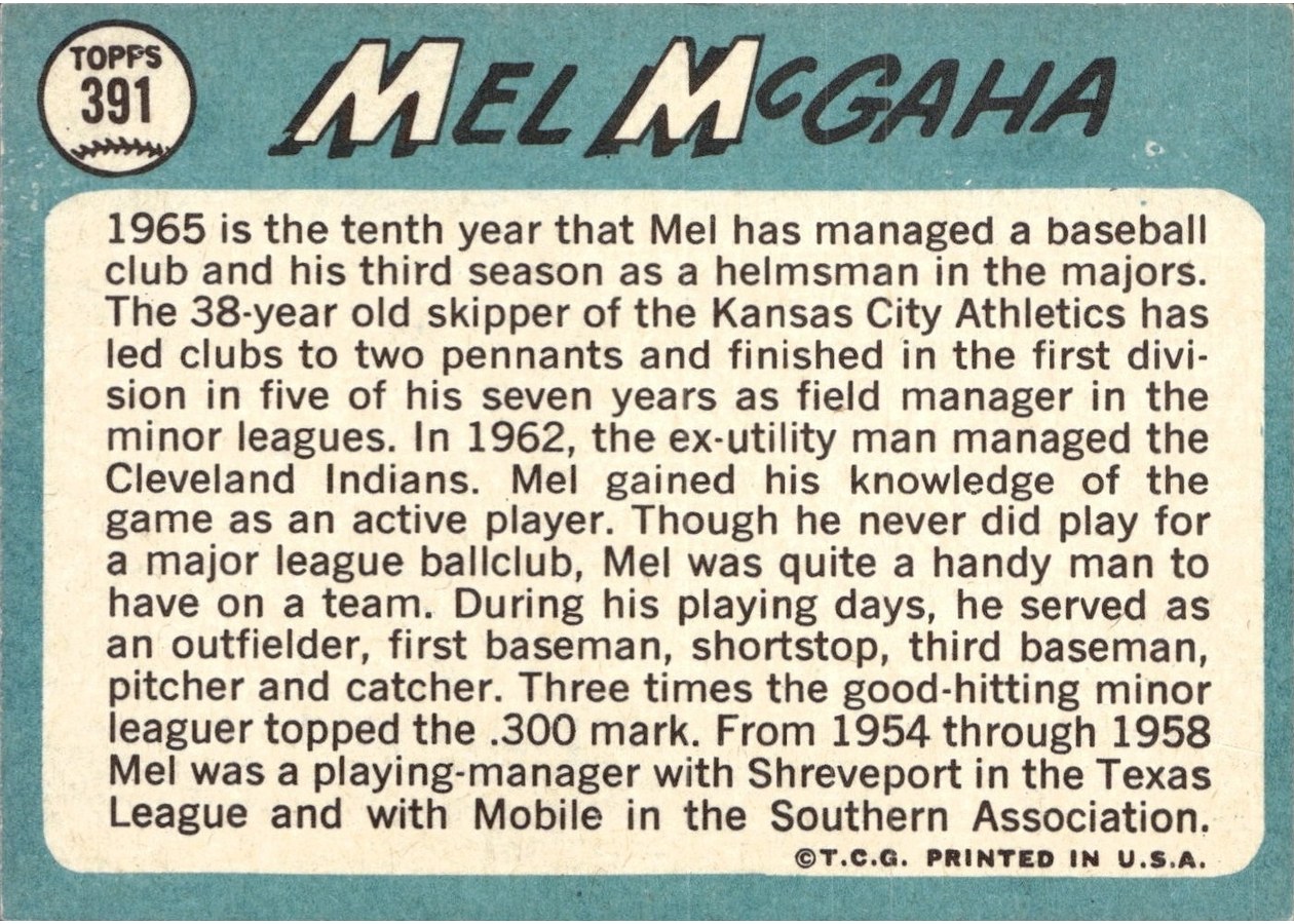1965 Topps #391 Mel McGaha card back