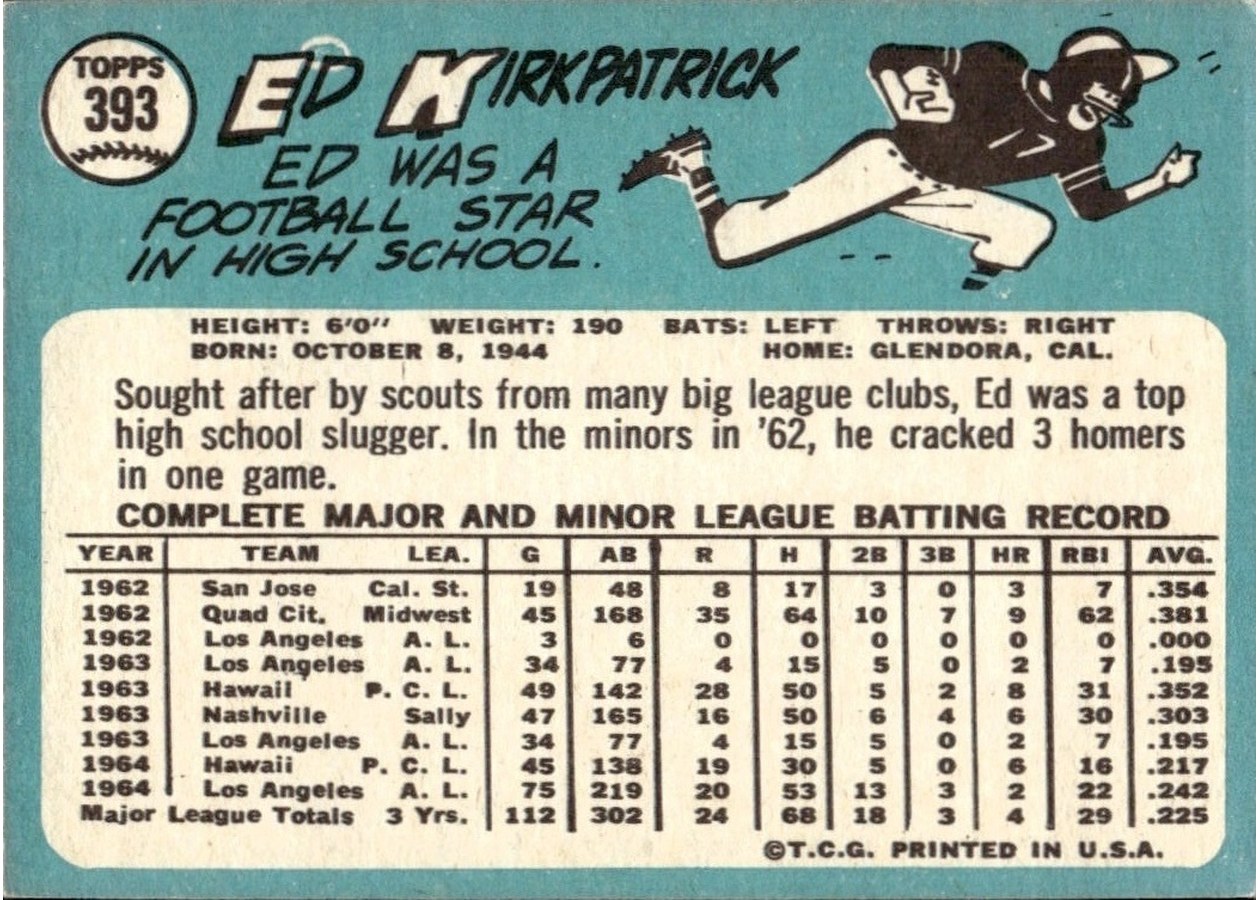 1965 Topps #393 Ed Kirkpatrick card back