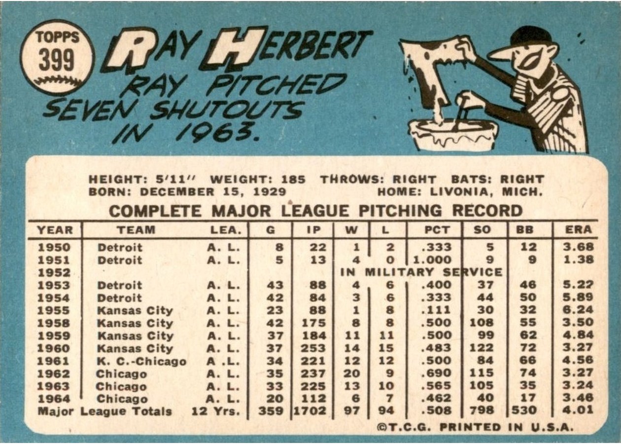1965 Topps #399 Ray Herbert card back