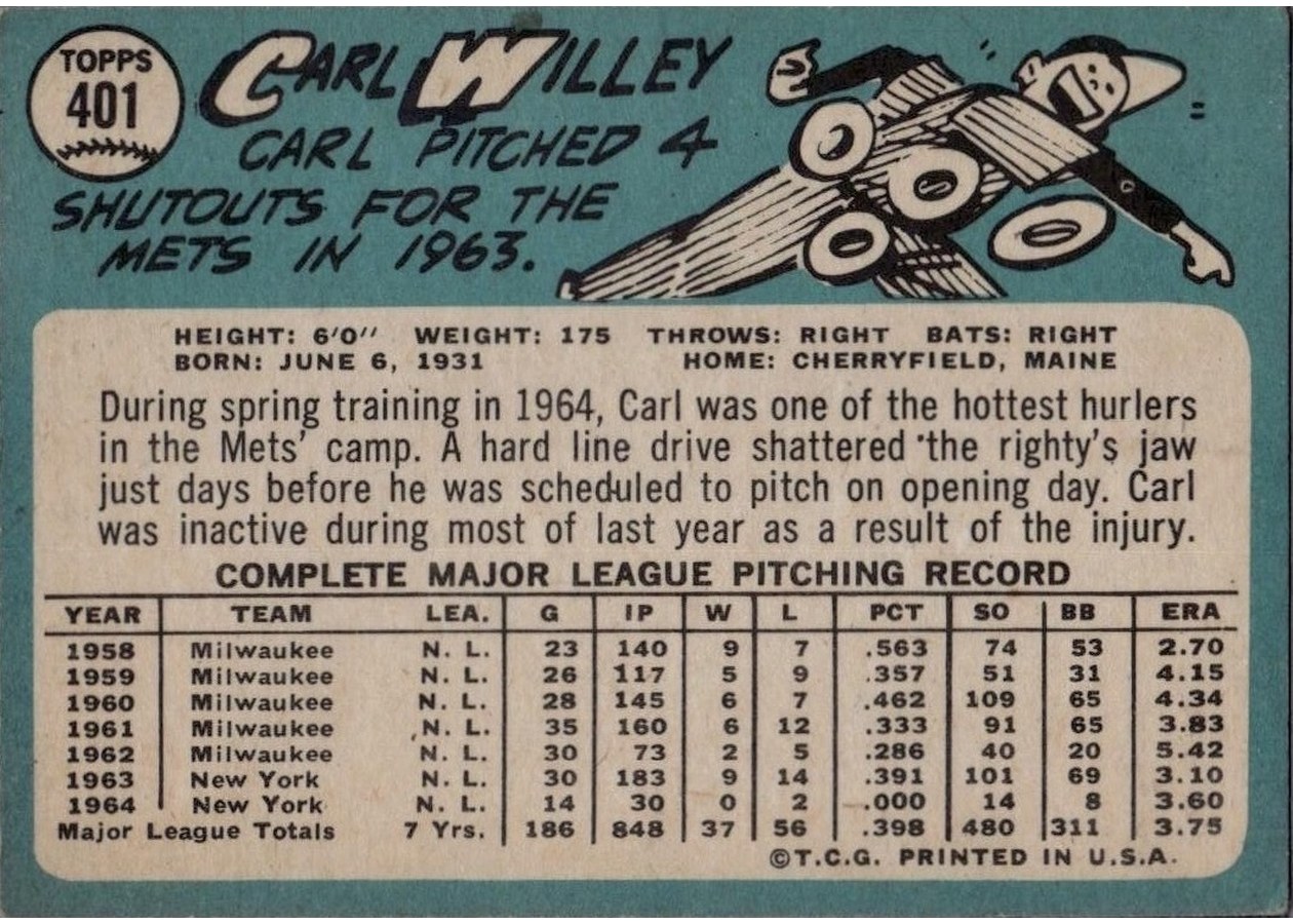 1965 Topps #401 Carl Willey card back