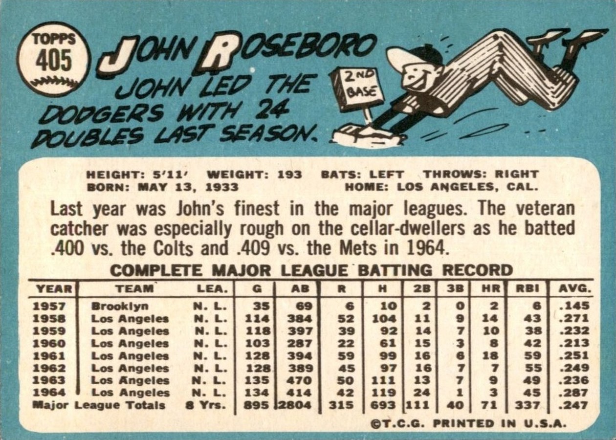 1965 Topps #405 John Roseboro card back