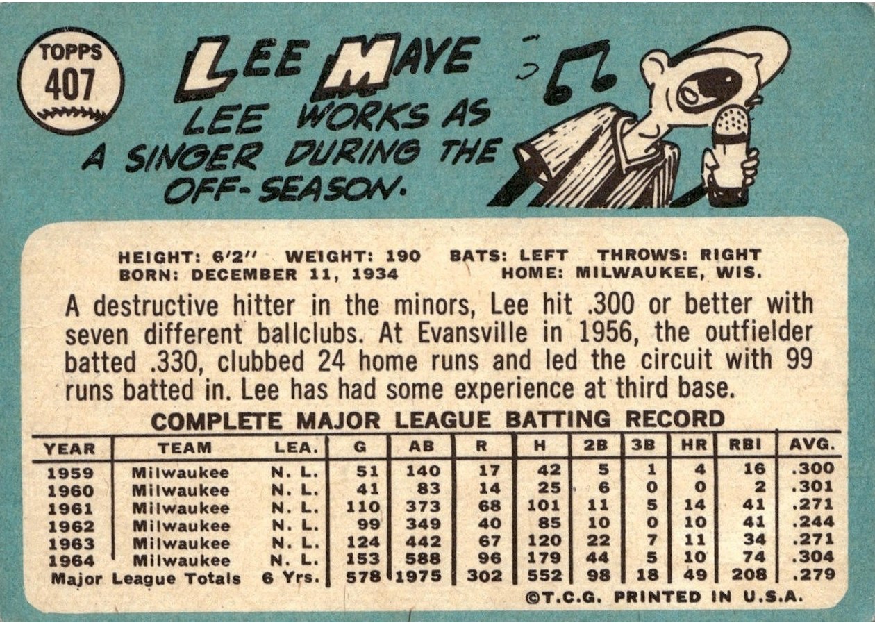 1965 Topps #407 Lee Maye card back