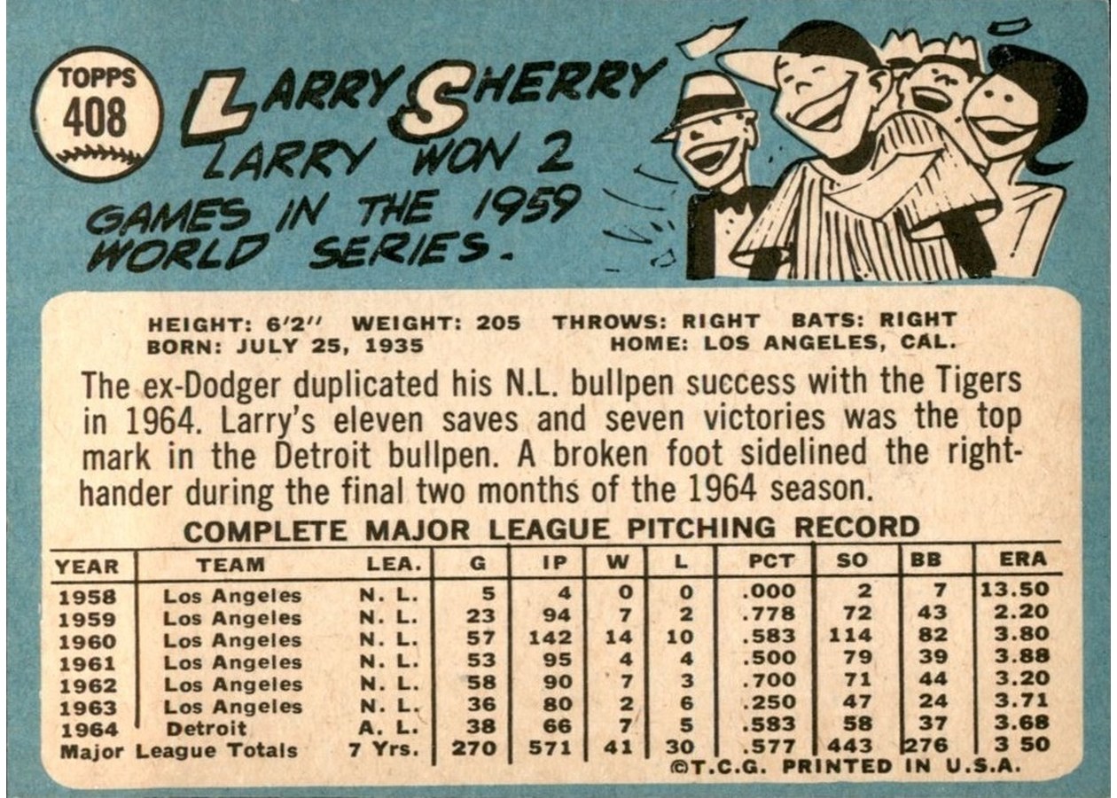 1965 Topps #408 Larry Sherry card back