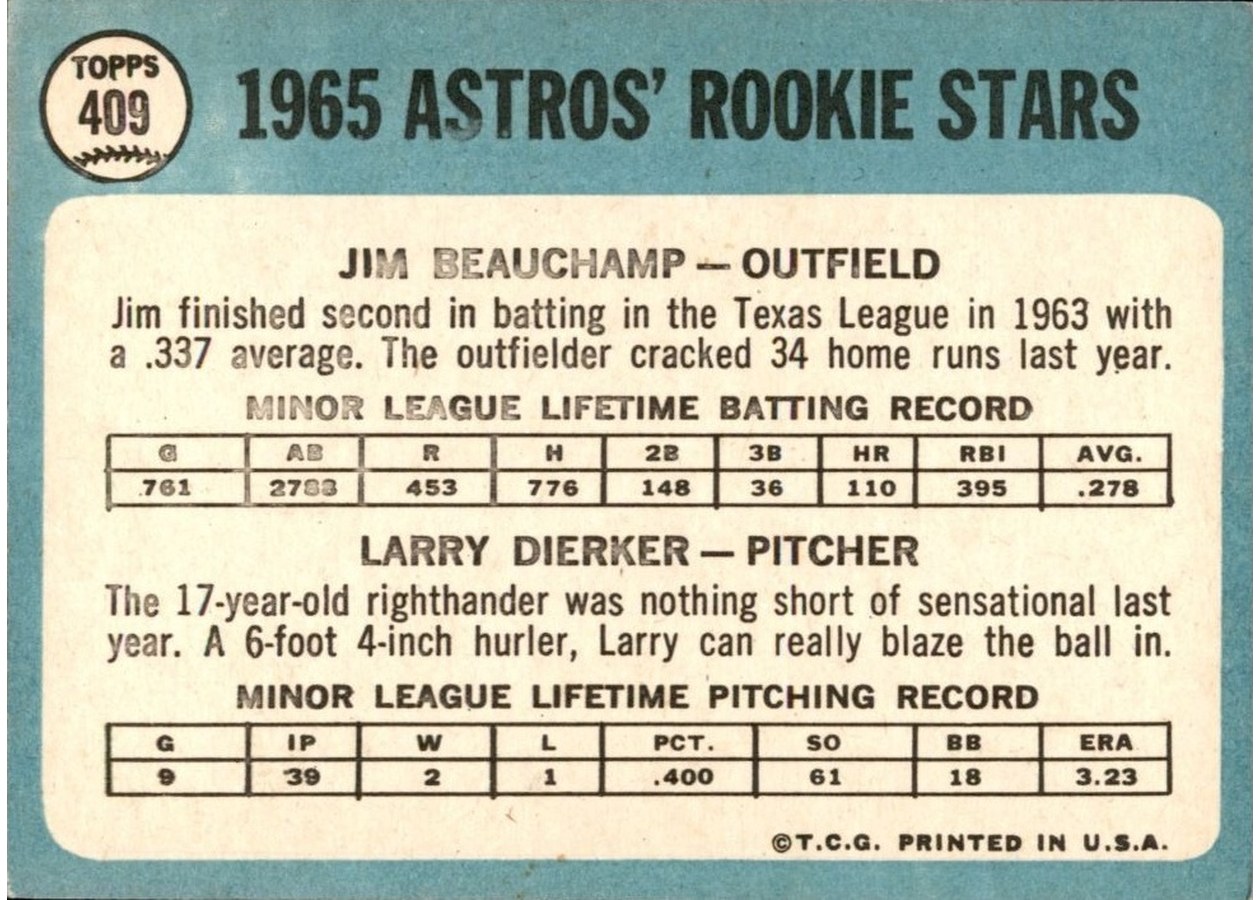 1965 Topps #409 Astros 1965 Rookie Stars card back