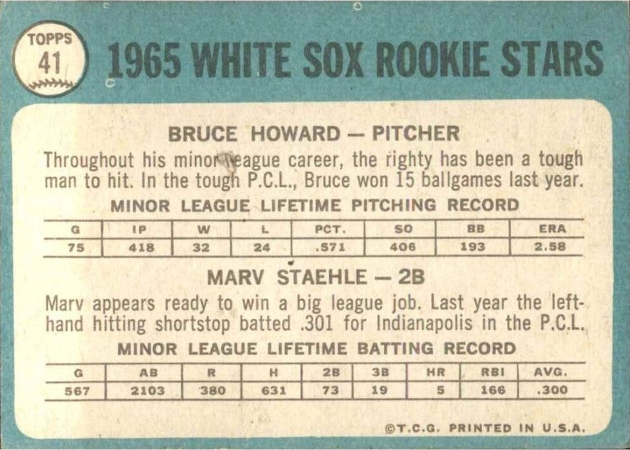 1965 Topps #41 White Sox 1965 Rookie Stars card back