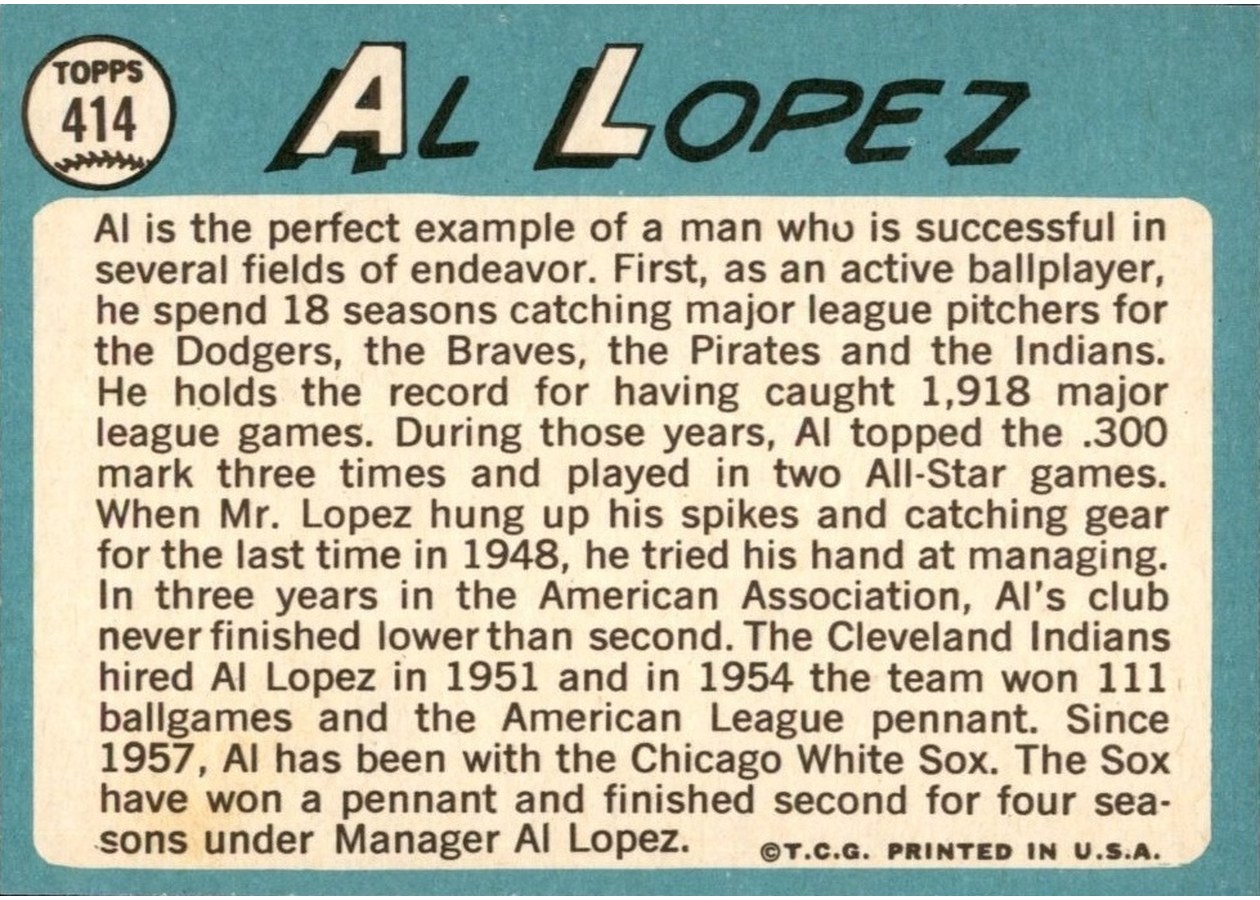 1965 Topps #414 Al Lopez card back
