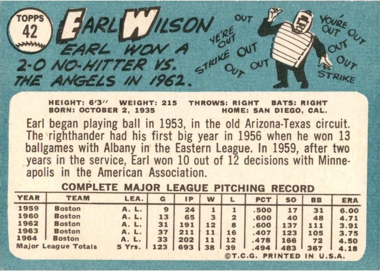 1965 Topps #42 Earl Wilson card back